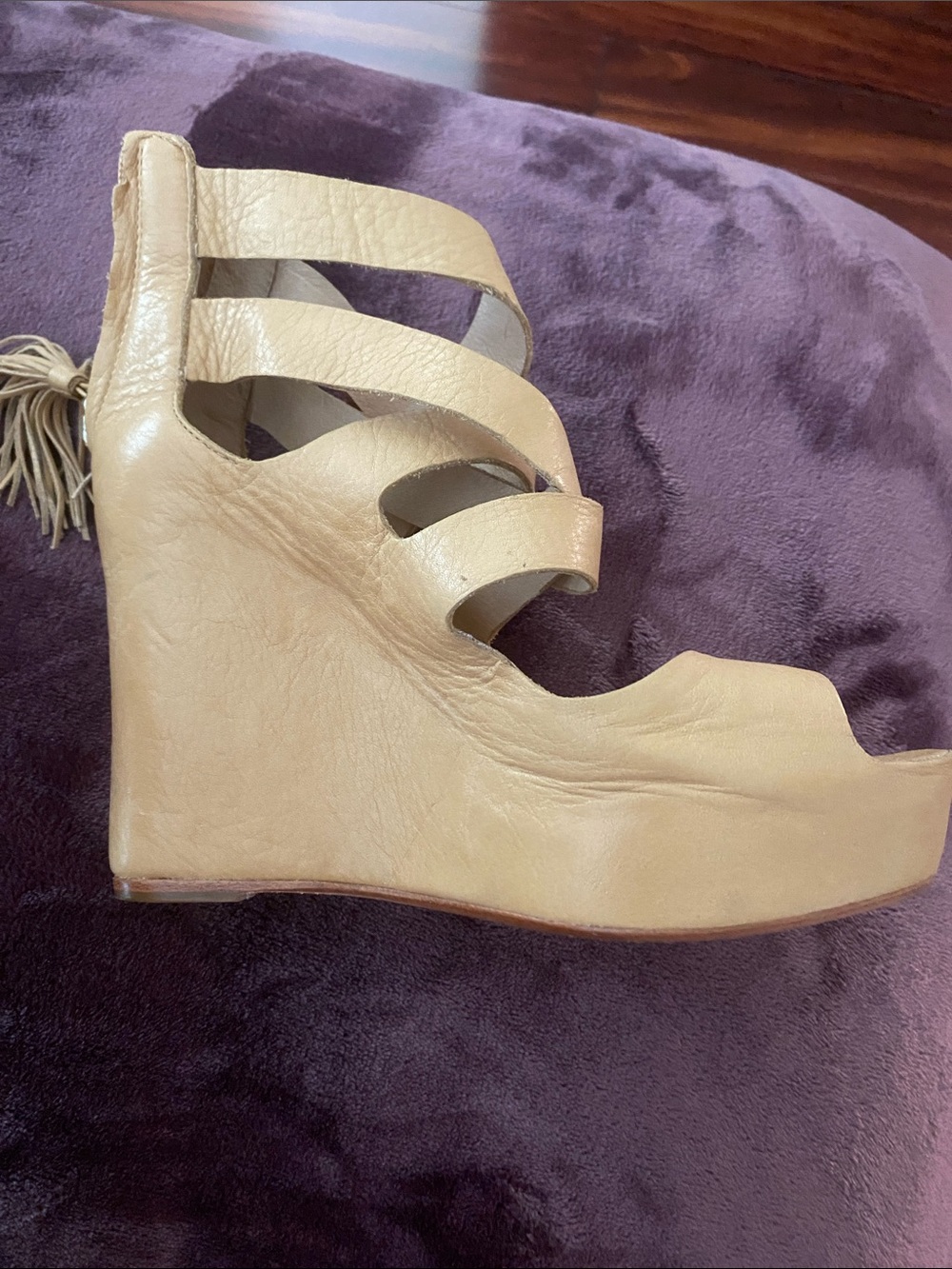Dolce Vita Mustard Tan Strappy Peep-Toe Wedge Heels - Picture 6 of 7